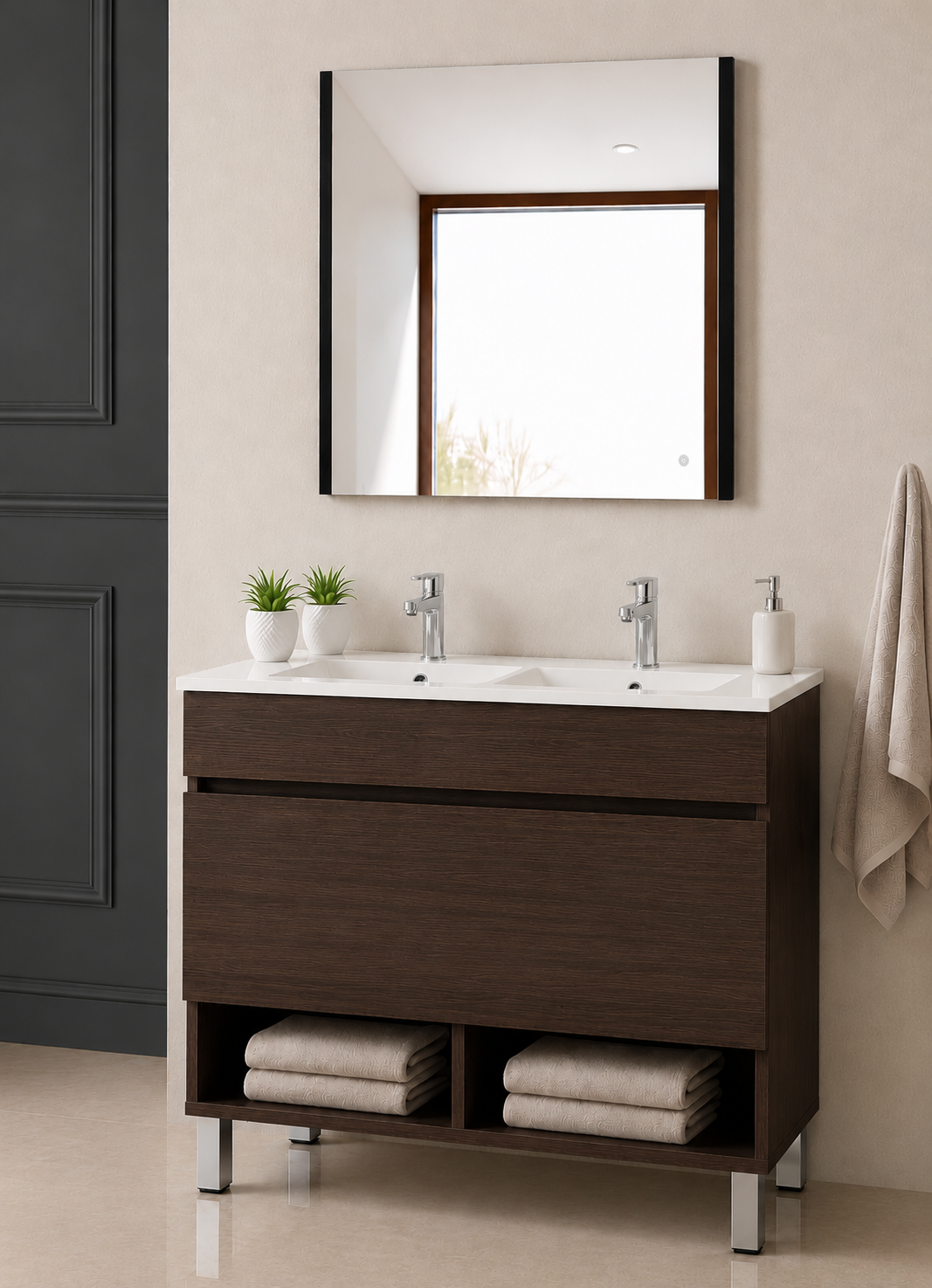 NEBARI bathroom vanity with legs, drawer, and ultra-slim basin