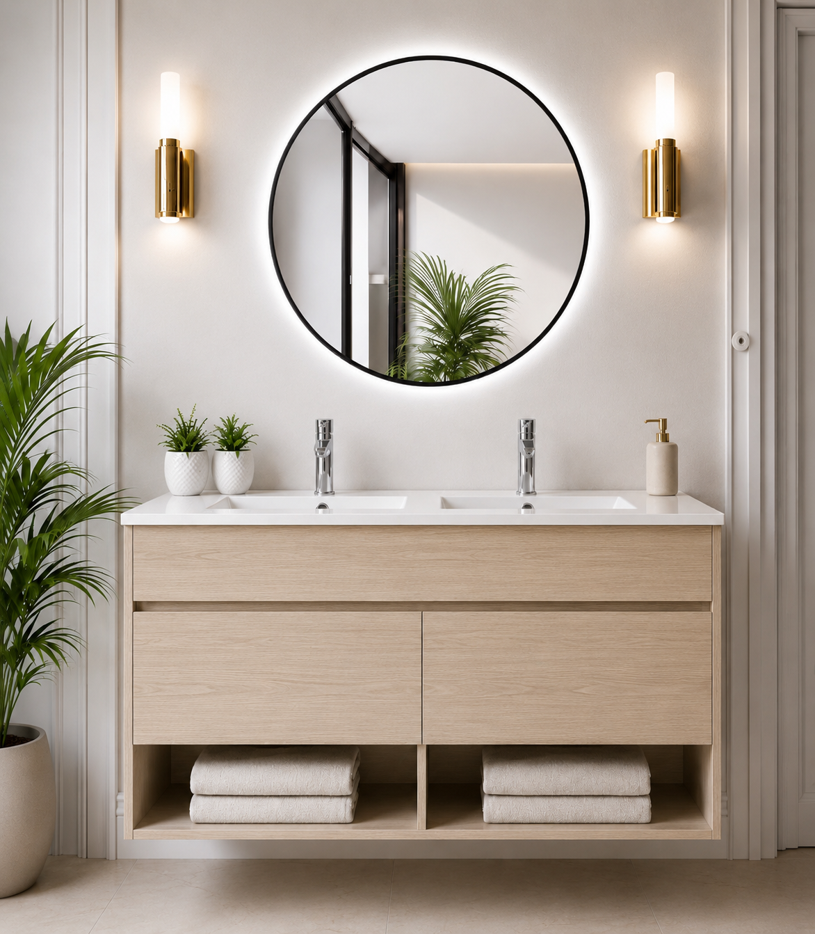 Bathroom cabinet with NEBARI legs with doors and extra-flat basin