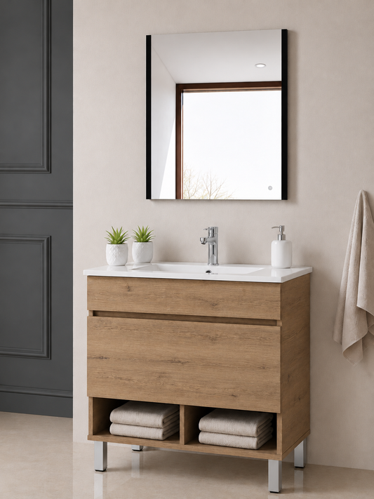 NEBARI bathroom vanity with legs, drawer, and ultra-slim basin