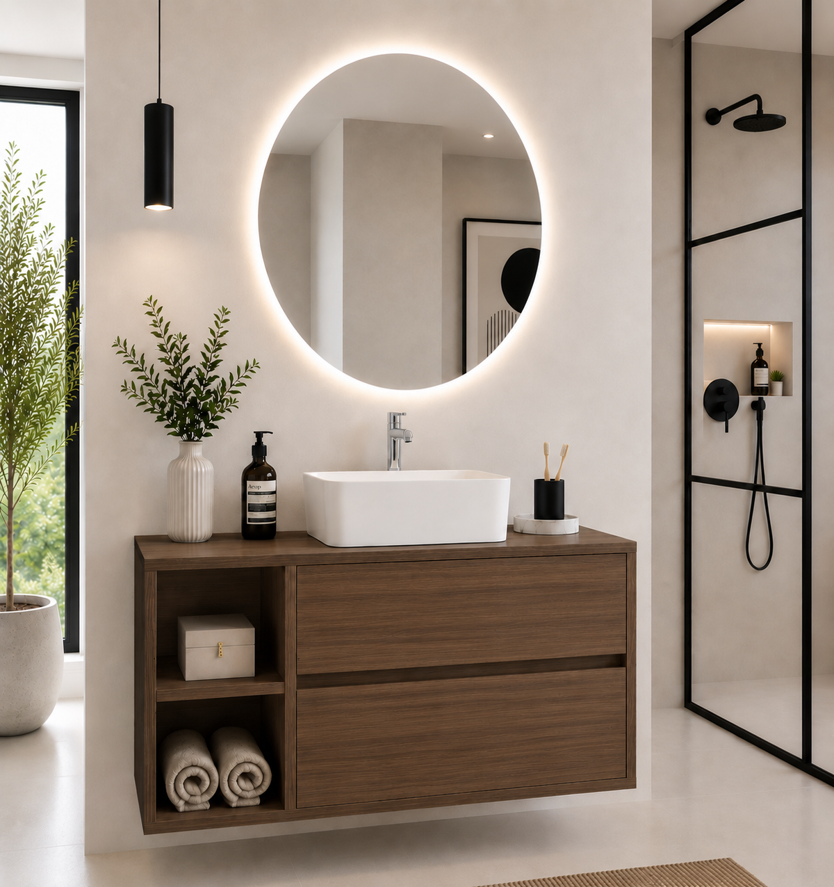 ZEUS bathroom cabinet with wooden countertop and vessel sink