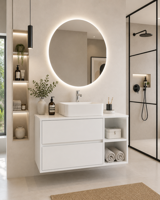 ZEUS bathroom cabinet with wooden countertop and vessel sink