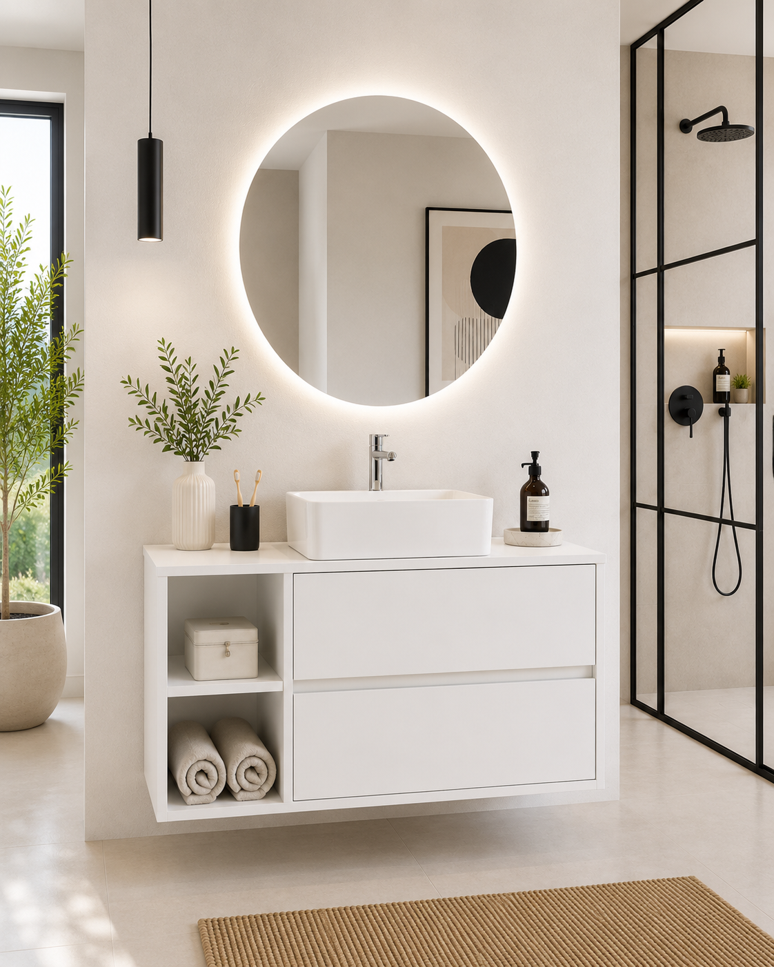 ZEUS bathroom cabinet with wooden countertop and vessel sink