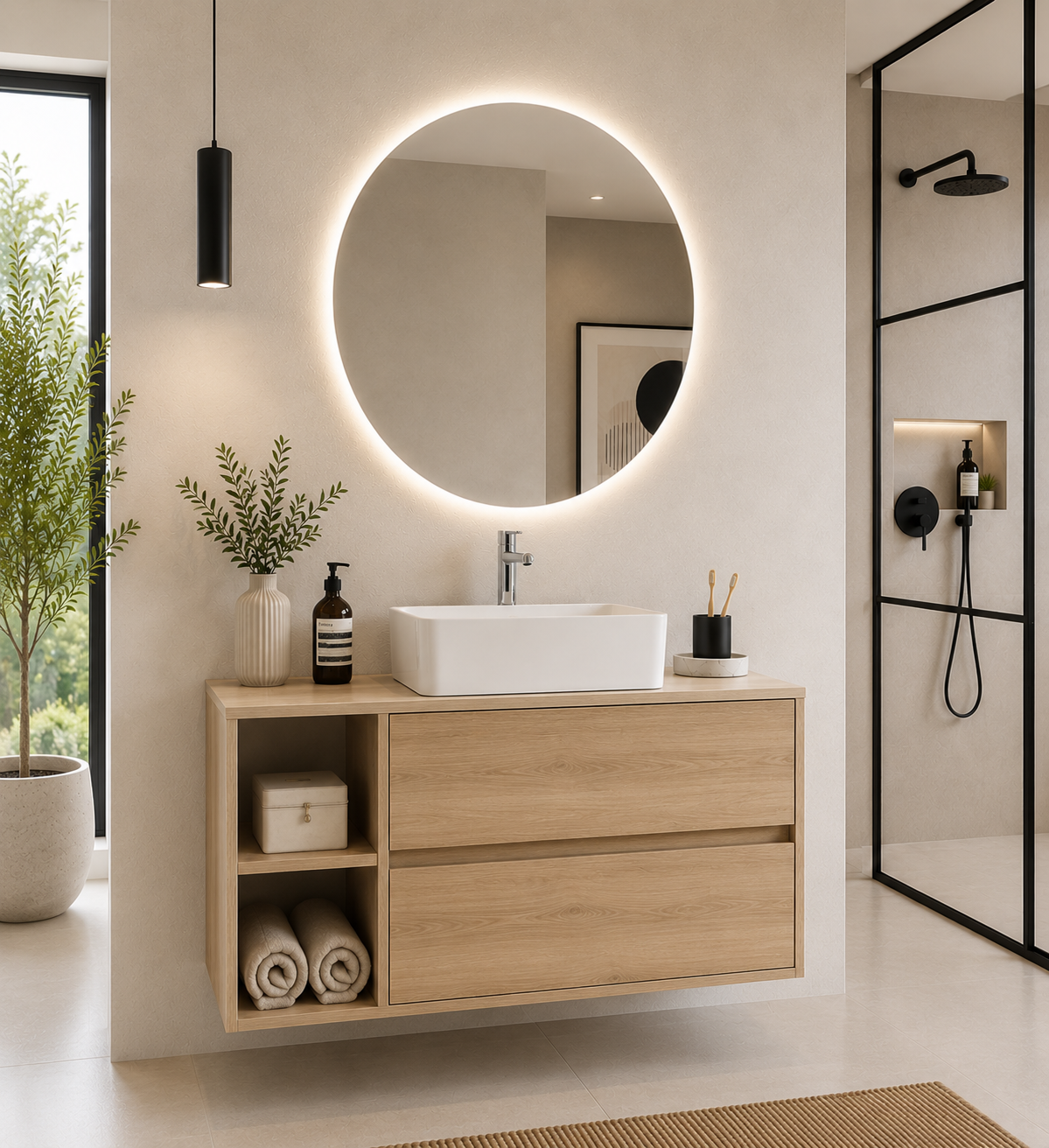 ZEUS bathroom cabinet with wooden countertop and vessel sink