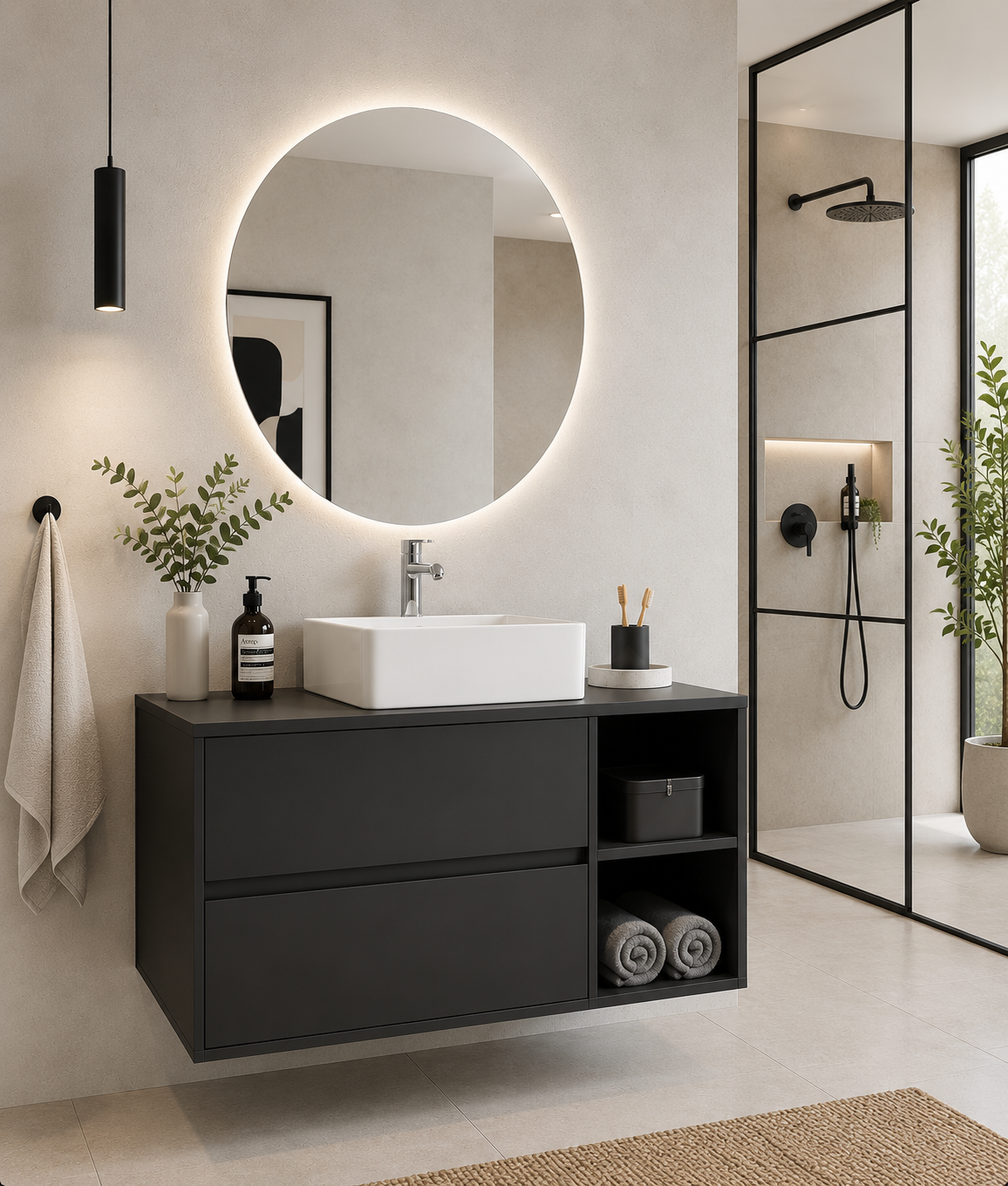ZEUS bathroom cabinet with wooden countertop and vessel sink