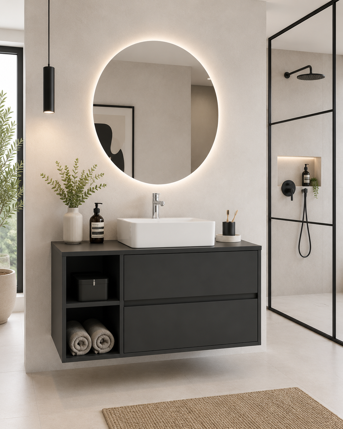 ZEUS bathroom cabinet with wooden countertop and vessel sink