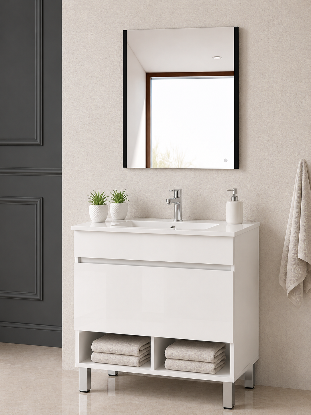 NEBARI bathroom vanity with legs, drawer, and ultra-slim basin