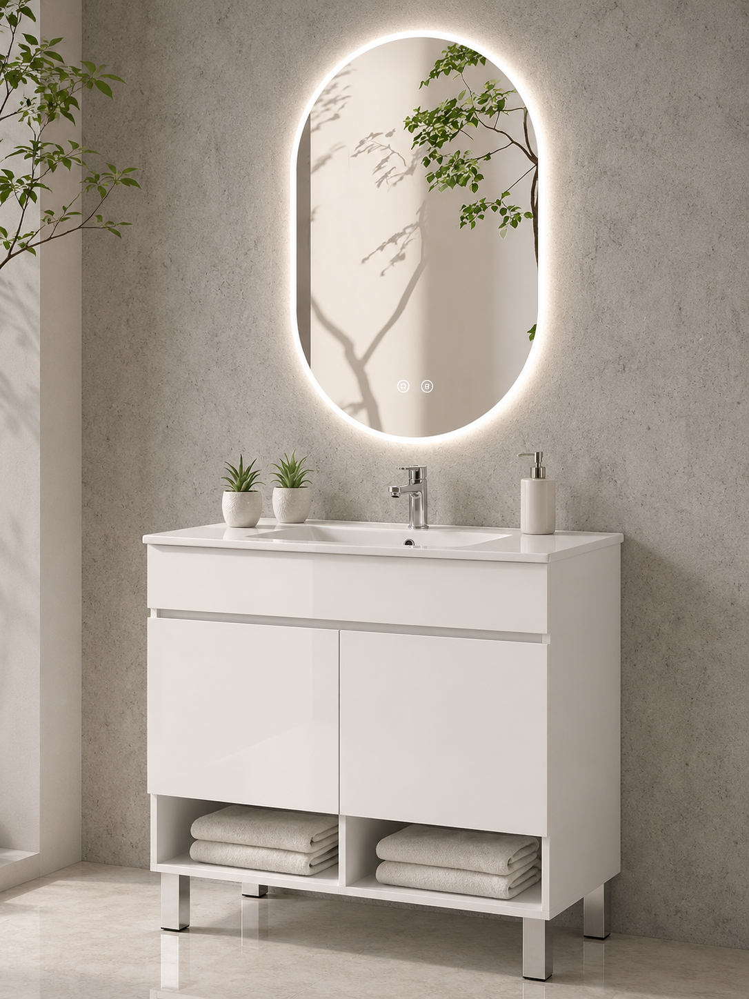 Bathroom cabinet with NEBARI legs with doors and extra-flat basin