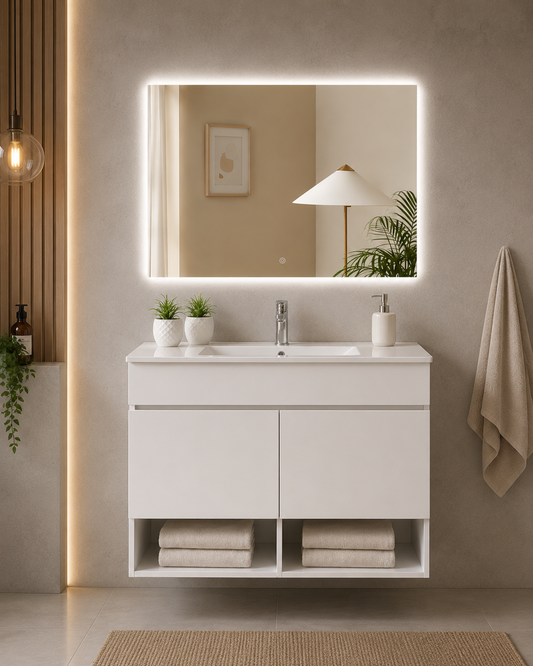 NEBARI Wall-Hung Bathroom Vanity with Doors and Slim Basin