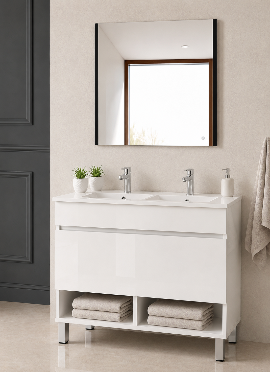 NEBARI bathroom vanity with legs, drawer, and ultra-slim basin