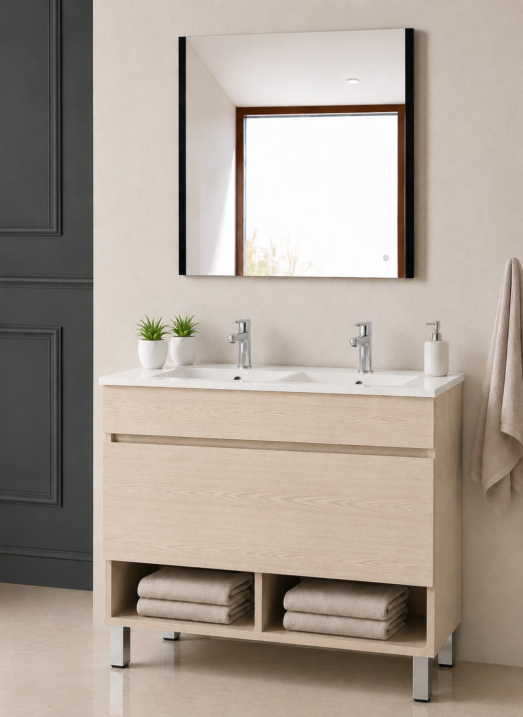 NEBARI bathroom vanity with legs, drawer, and ultra-slim basin