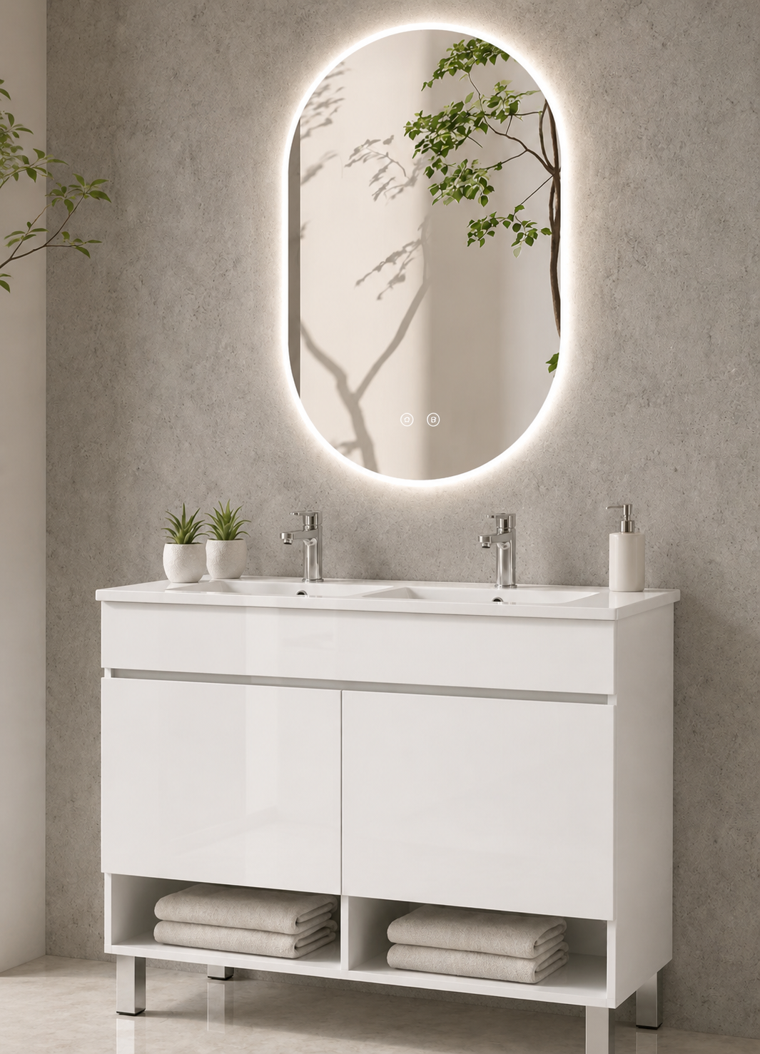 Bathroom cabinet with NEBARI legs with doors and extra-flat basin