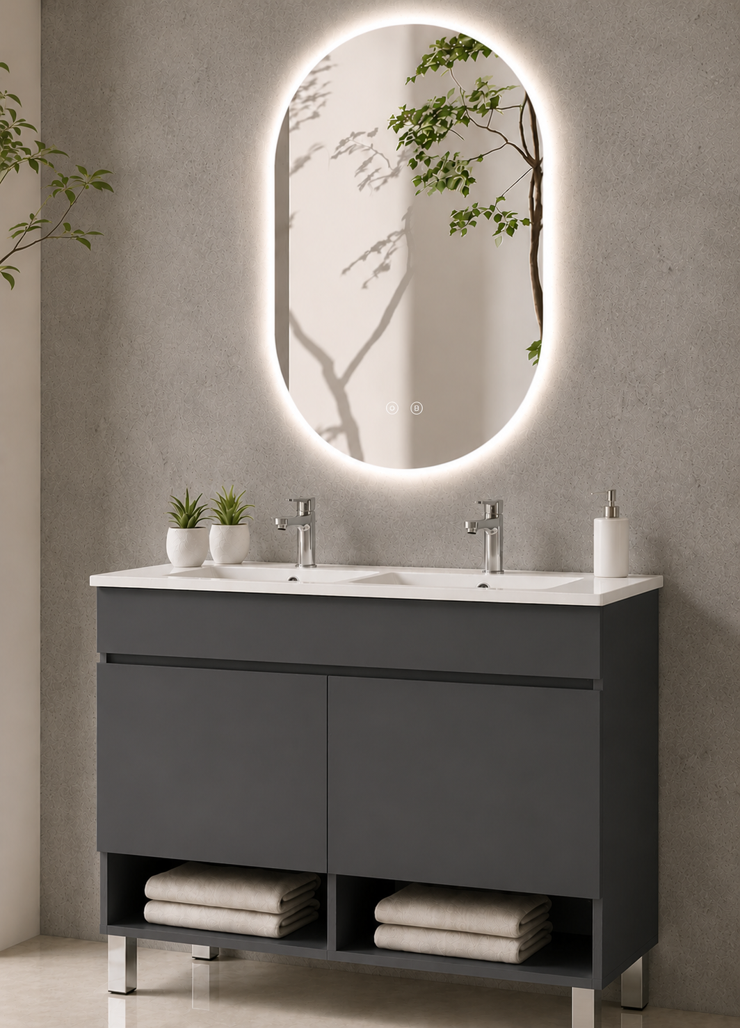 Bathroom cabinet with NEBARI legs with doors and extra-flat basin
