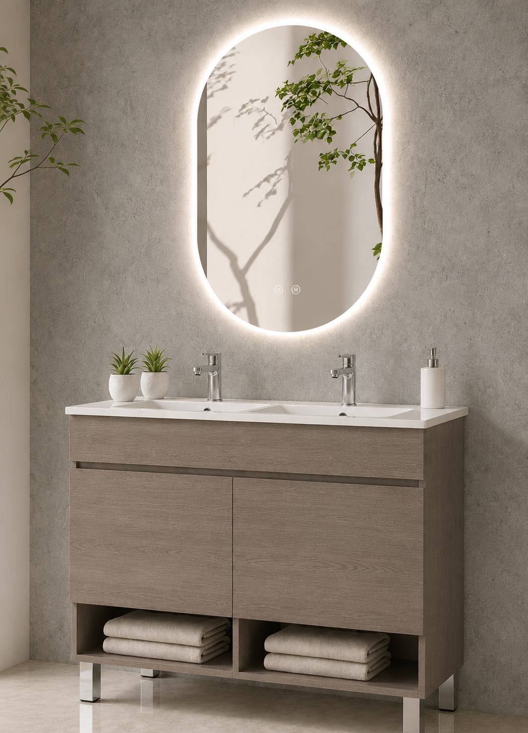 Bathroom cabinet with NEBARI legs with doors and extra-flat basin