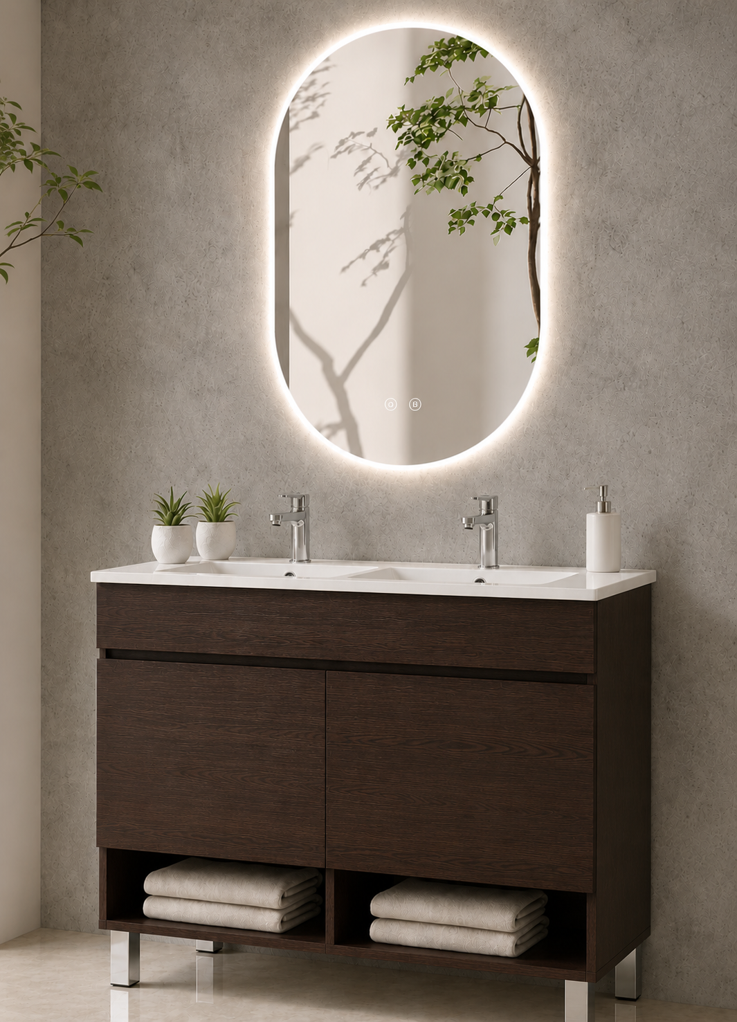 Bathroom cabinet with NEBARI legs with doors and extra-flat basin