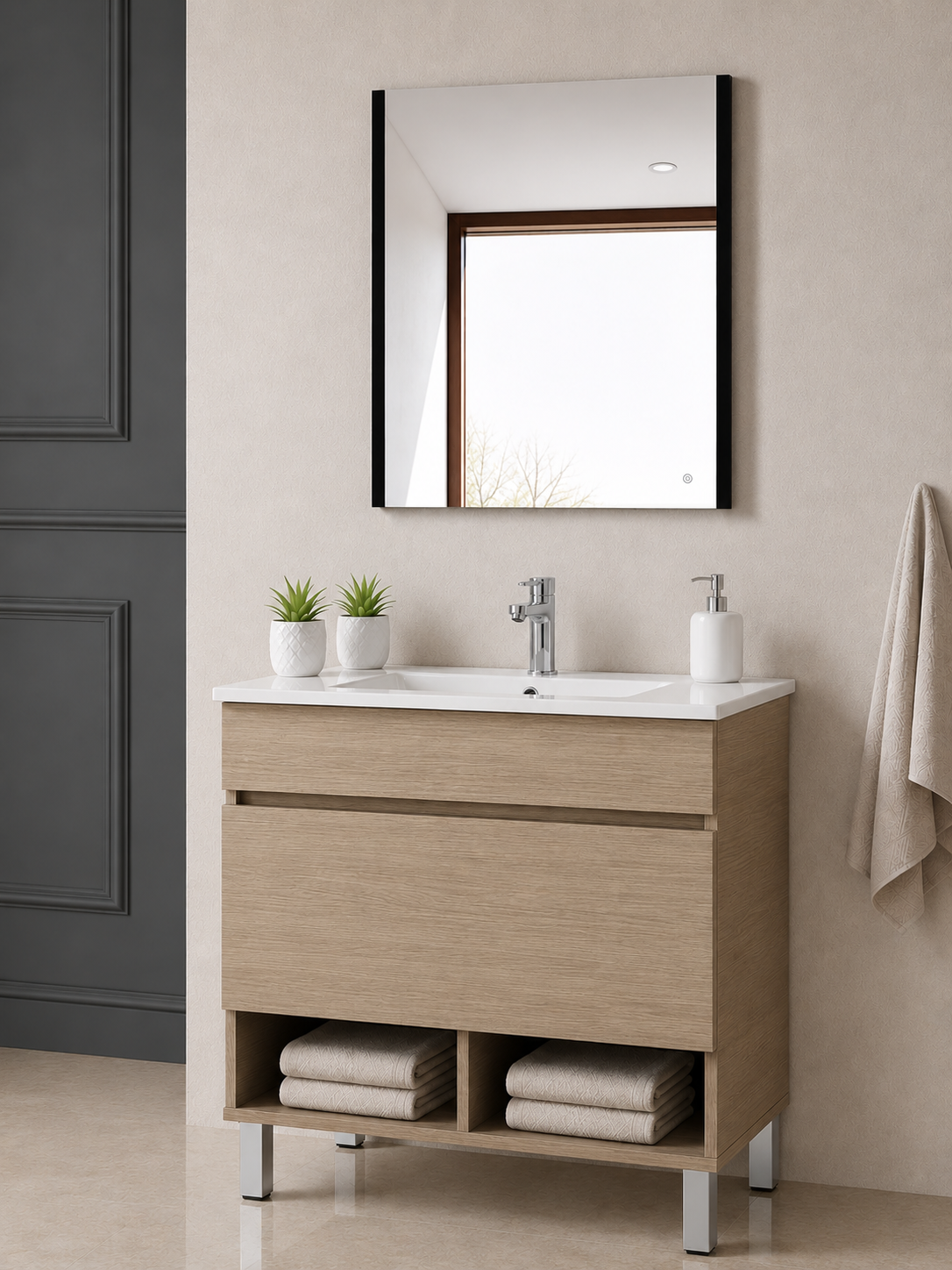 NEBARI bathroom vanity with legs, drawer, and ultra-slim basin