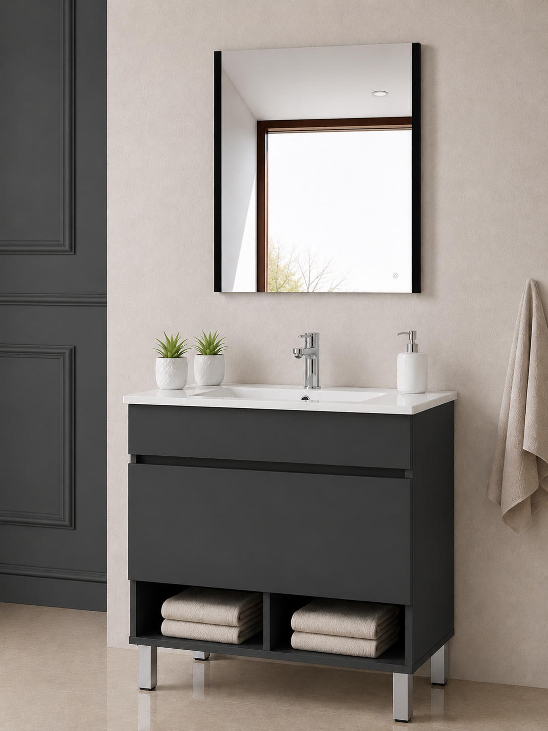 NEBARI bathroom vanity with legs, drawer, and ultra-slim basin