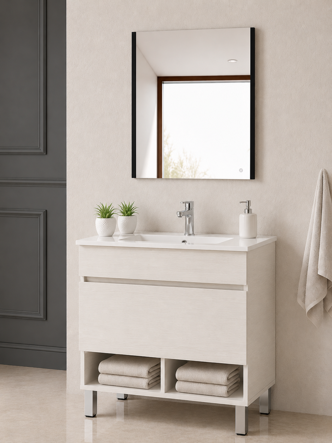 NEBARI bathroom vanity with legs, drawer, and ultra-slim basin