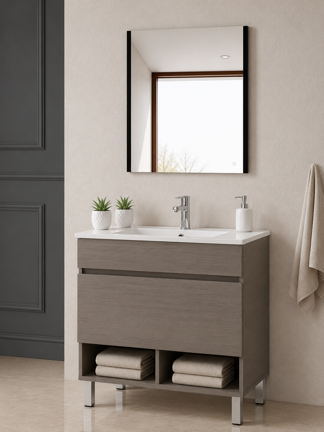 NEBARI bathroom vanity with legs, drawer, and ultra-slim basin