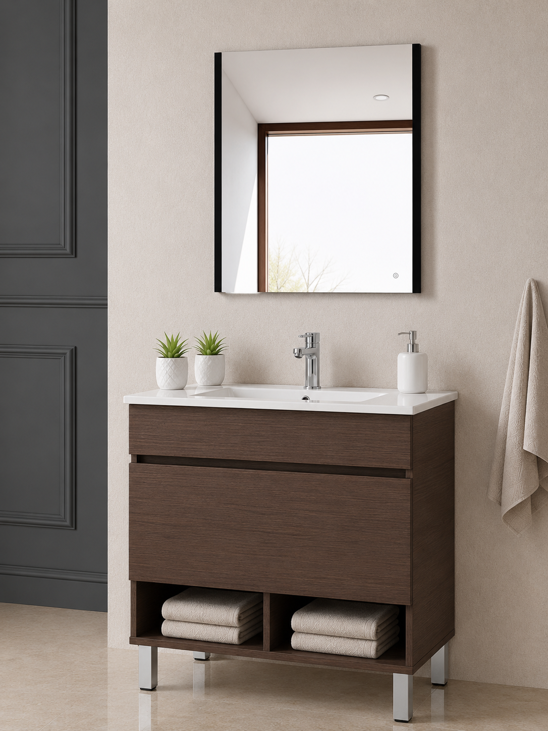 NEBARI bathroom vanity with legs, drawer, and ultra-slim basin