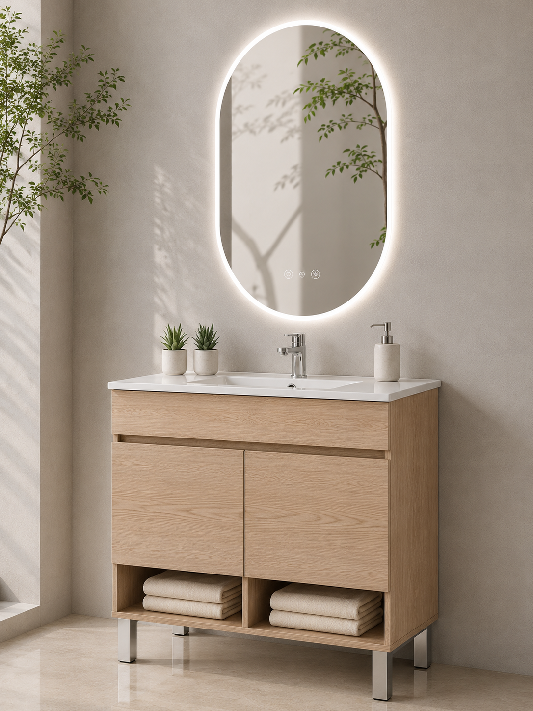 Bathroom cabinet with NEBARI legs with doors and extra-flat basin