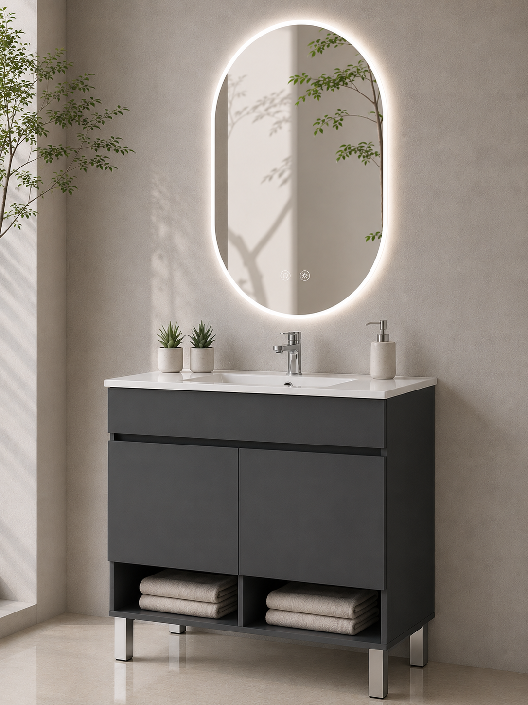 Bathroom cabinet with NEBARI legs with doors and extra-flat basin
