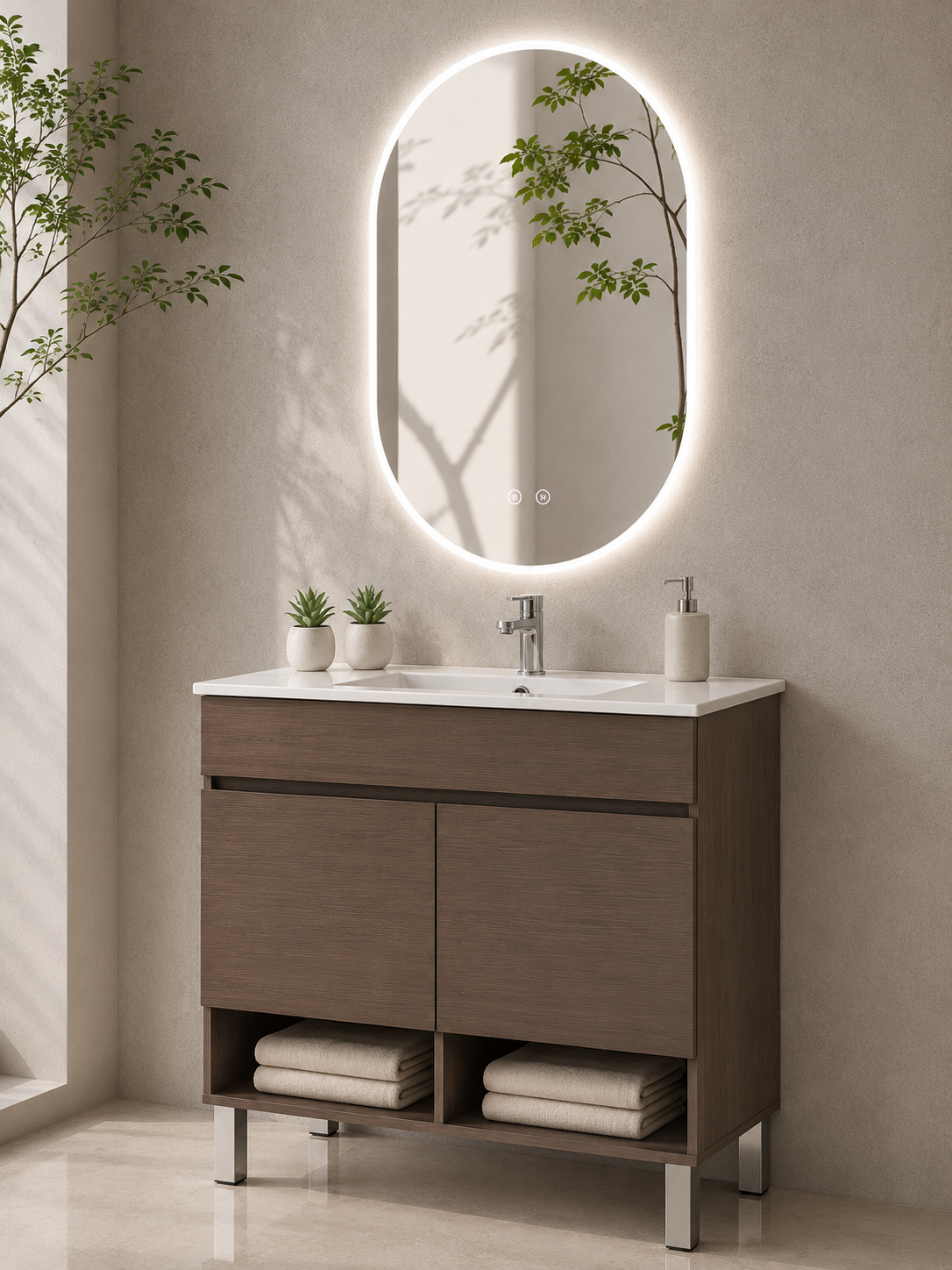Bathroom cabinet with NEBARI legs with doors and extra-flat basin