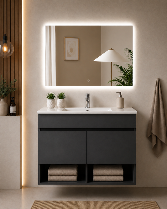 NEBARI Wall-Hung Bathroom Vanity with Doors and Slim Basin