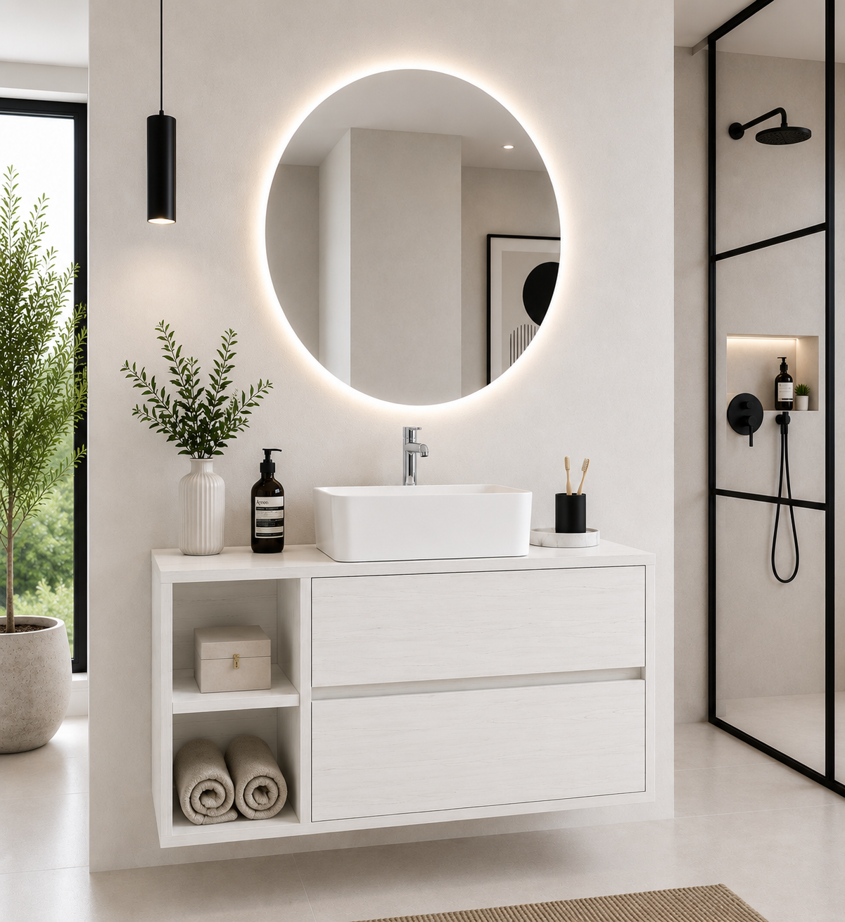 ZEUS bathroom cabinet with wooden countertop and vessel sink