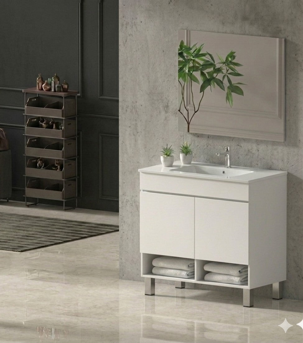 Bathroom cabinet with NEBARI legs with doors and extra-flat basin