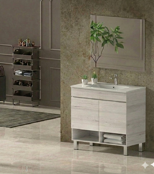 Bathroom cabinet with NEBARI legs with doors and extra-flat basin