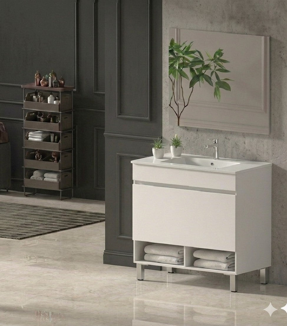 NEBARI bathroom vanity with legs, drawer, and ultra-slim basin