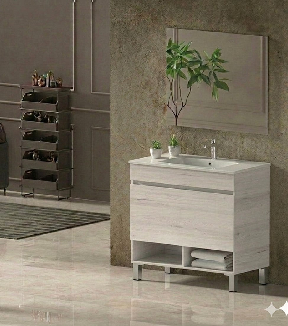 NEBARI bathroom vanity with legs, drawer, and ultra-slim basin