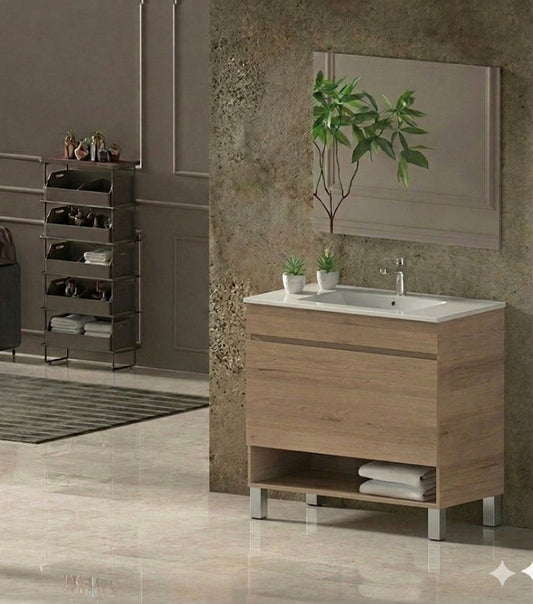 NEBARI bathroom vanity with legs, drawer, and ultra-slim basin