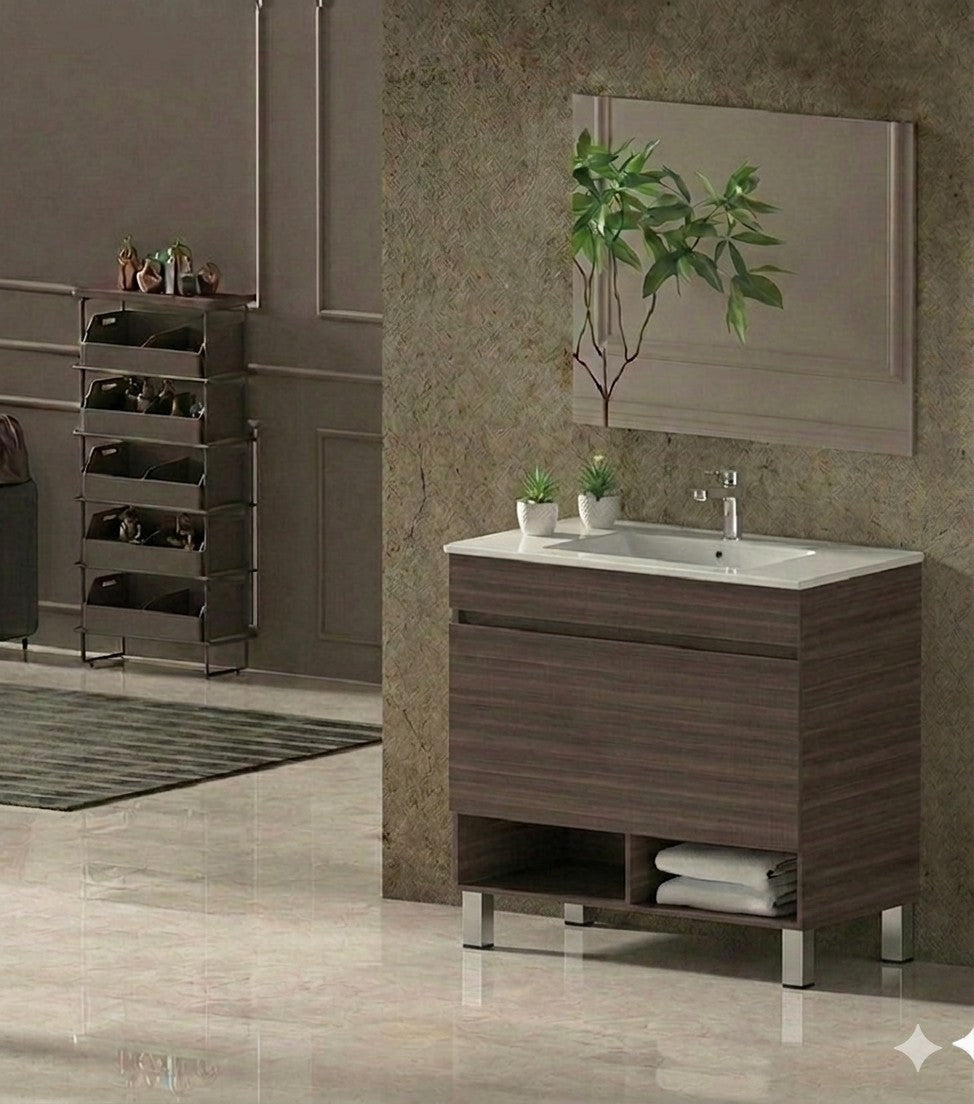 NEBARI bathroom vanity with legs, drawer, and ultra-slim basin