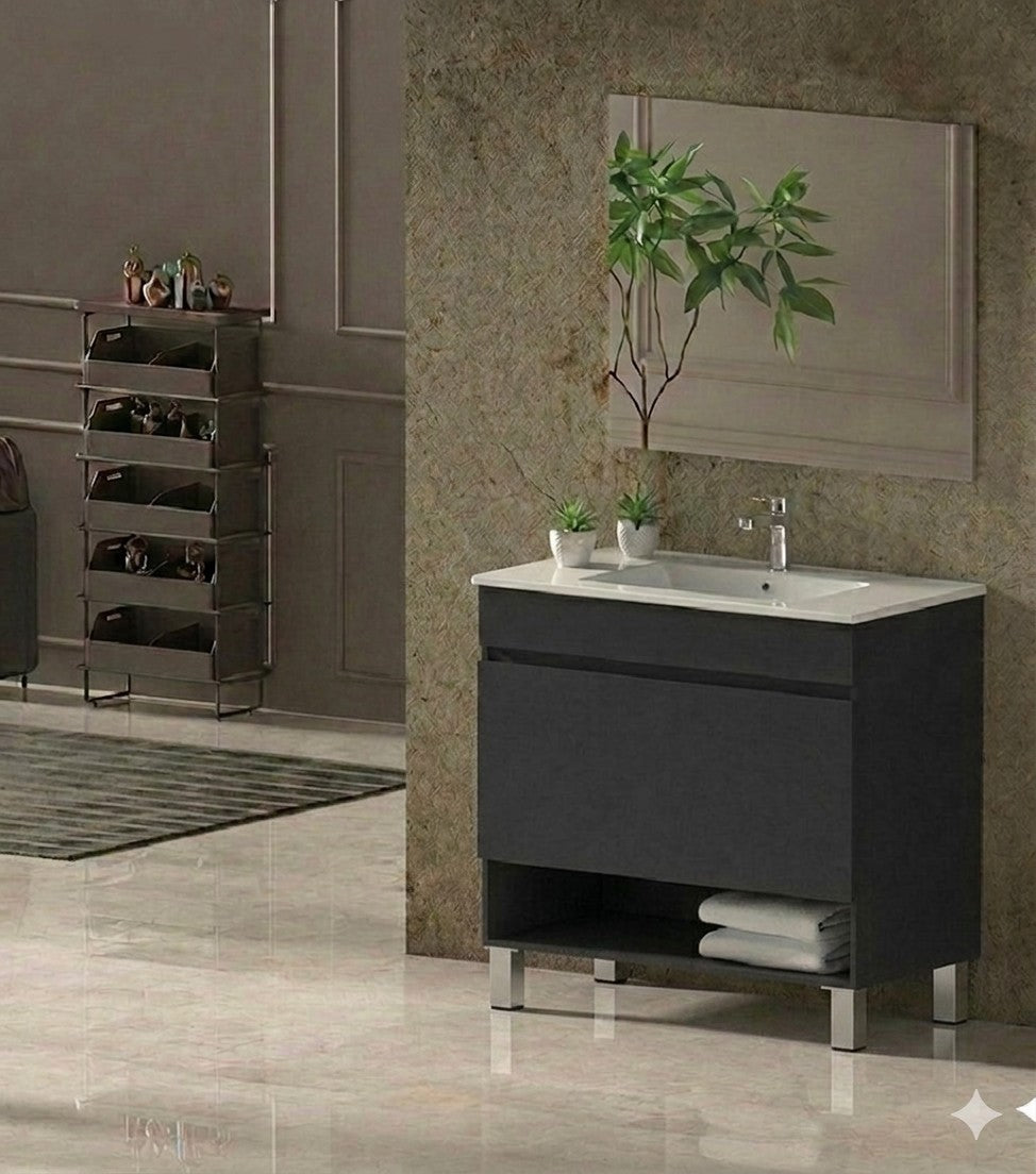 NEBARI bathroom vanity with legs, drawer, and ultra-slim basin