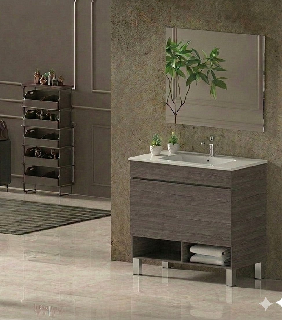 NEBARI bathroom vanity with legs, drawer, and ultra-slim basin