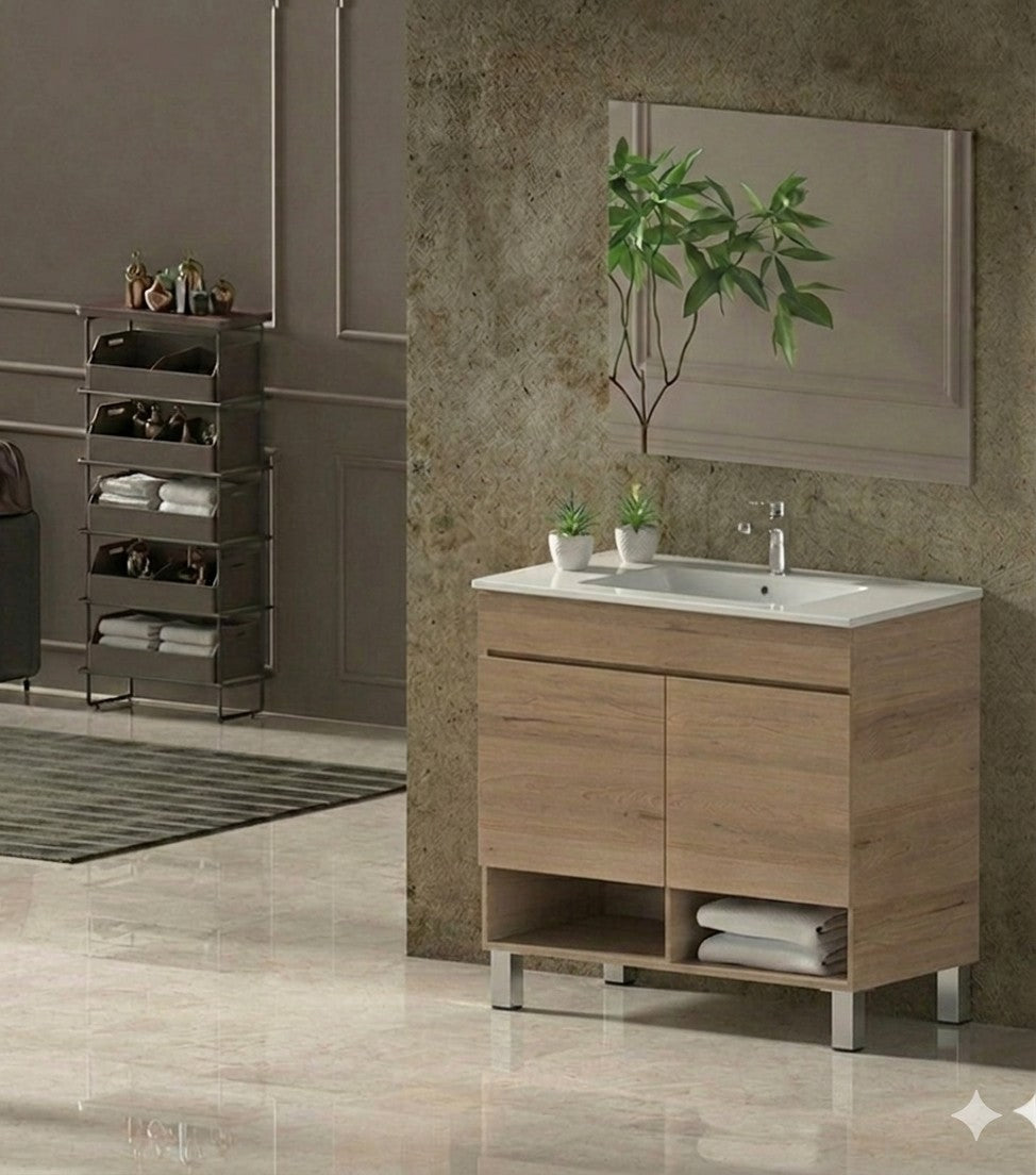 Bathroom cabinet with NEBARI legs with doors and extra-flat basin