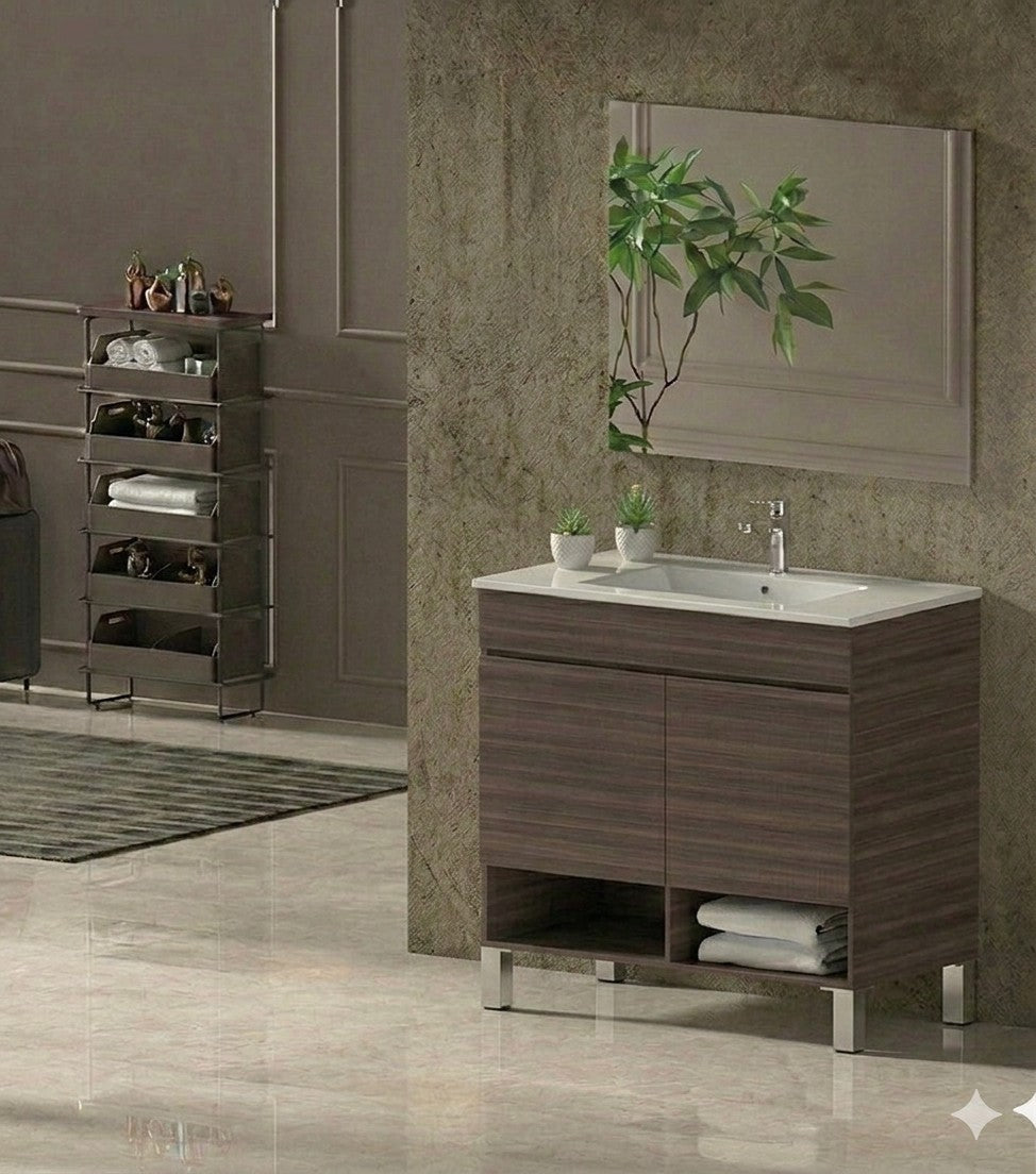 Bathroom cabinet with NEBARI legs with doors and extra-flat basin