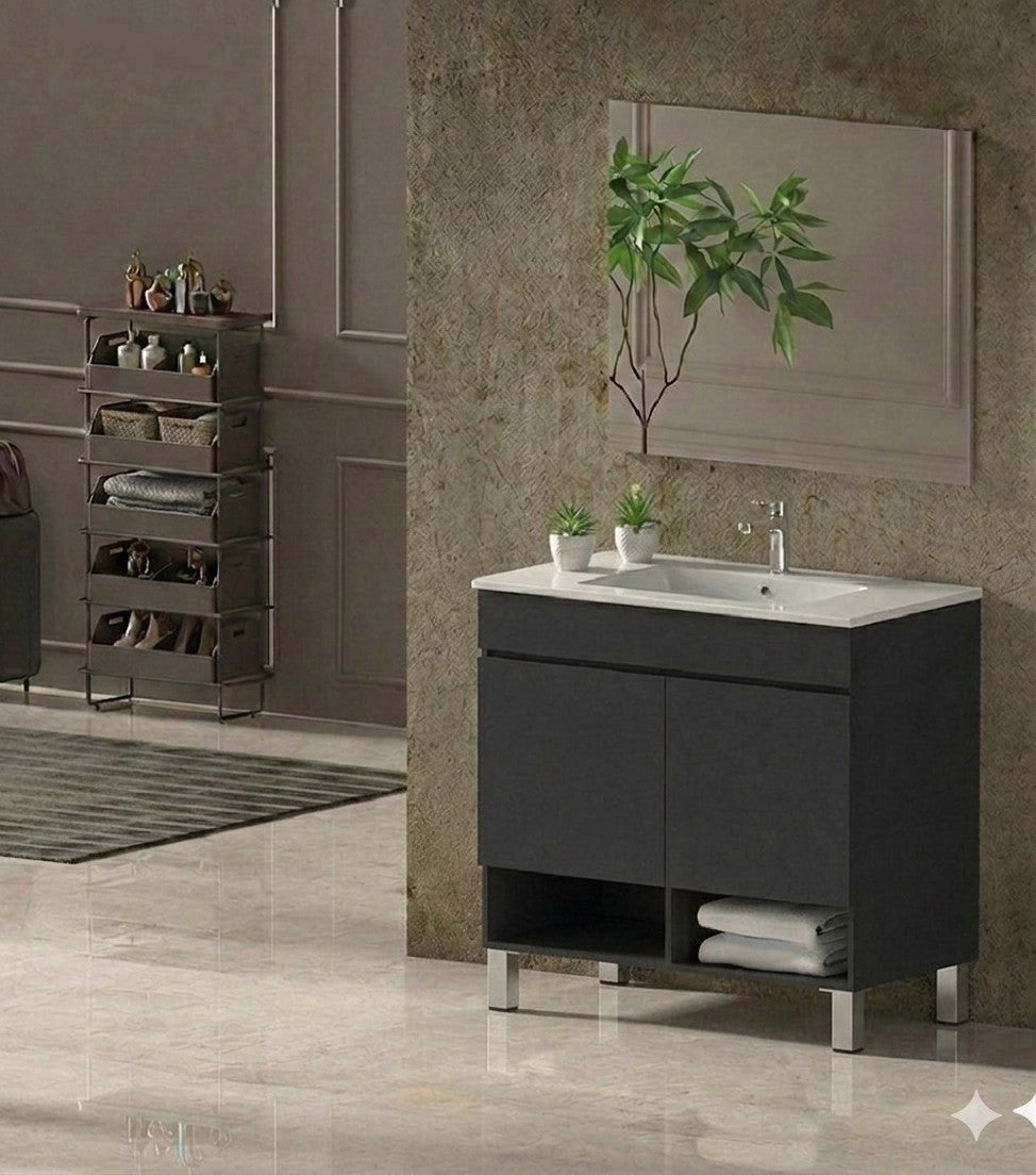 Bathroom cabinet with NEBARI legs with doors and extra-flat basin