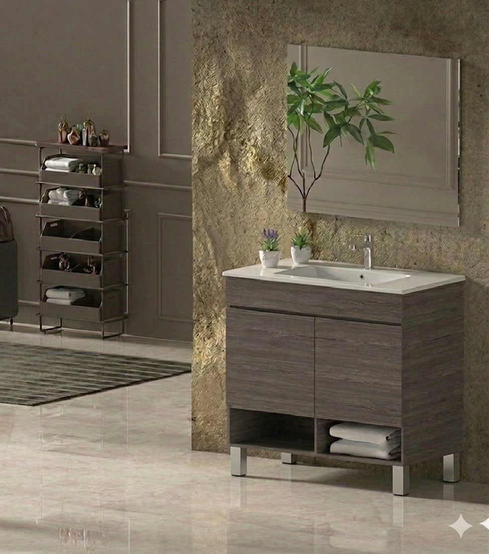 Bathroom cabinet with NEBARI legs with doors and extra-flat basin