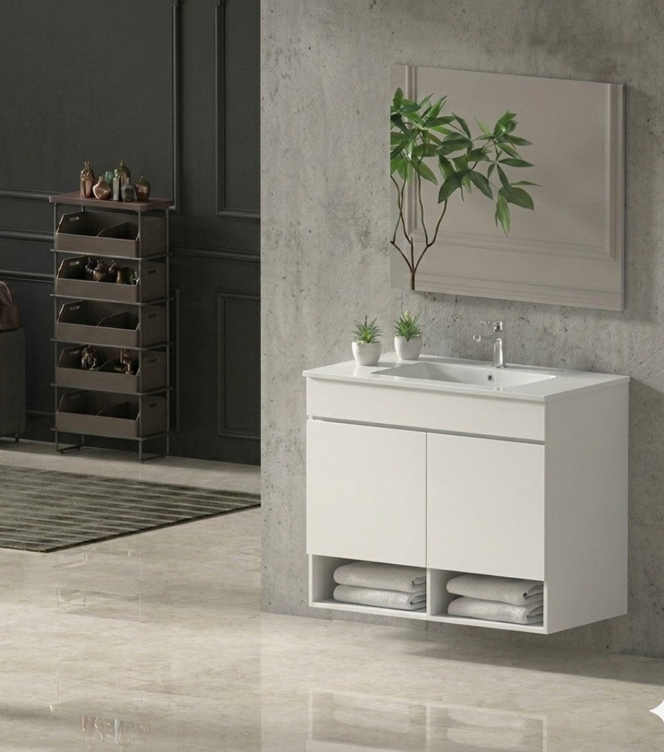 NEBARI Wall-Hung Bathroom Vanity with Doors and Slim Basin