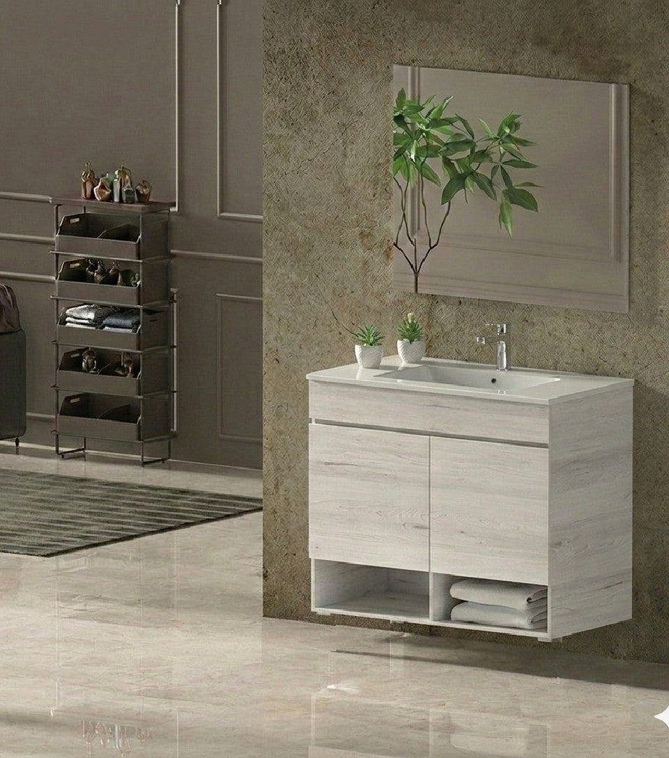 NEBARI Wall-Hung Bathroom Vanity with Doors and Slim Basin