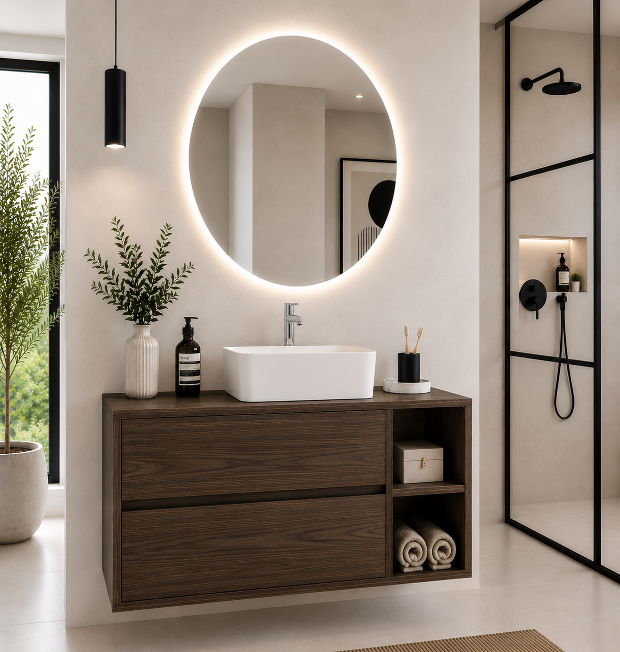ZEUS bathroom cabinet with wooden countertop and vessel sink