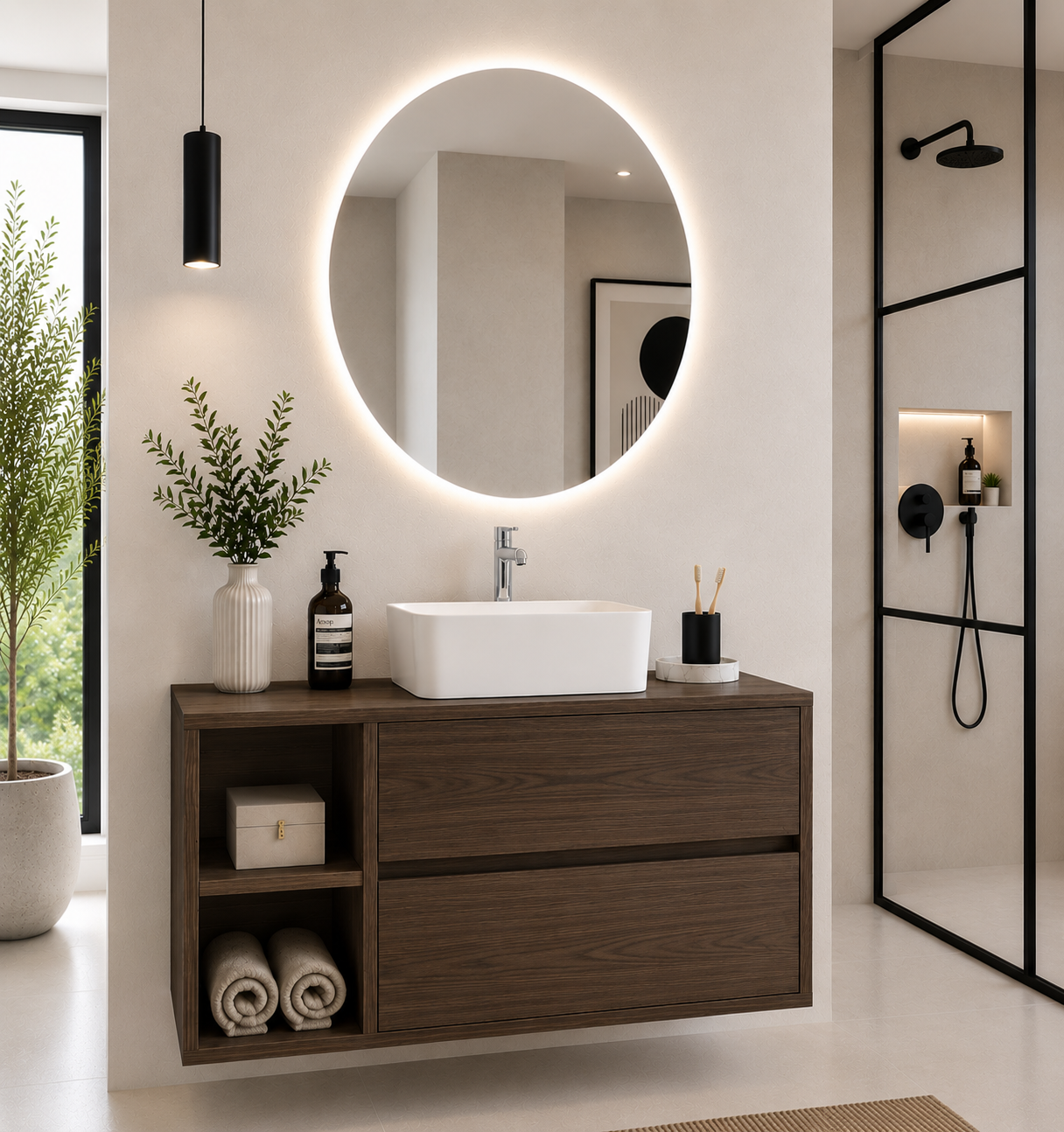 ZEUS bathroom cabinet with wooden countertop and vessel sink