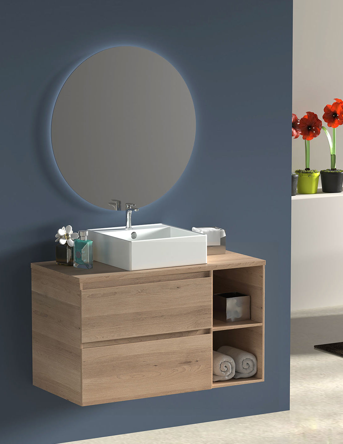 ZEUS bathroom cabinet with wooden countertop and vessel sink
