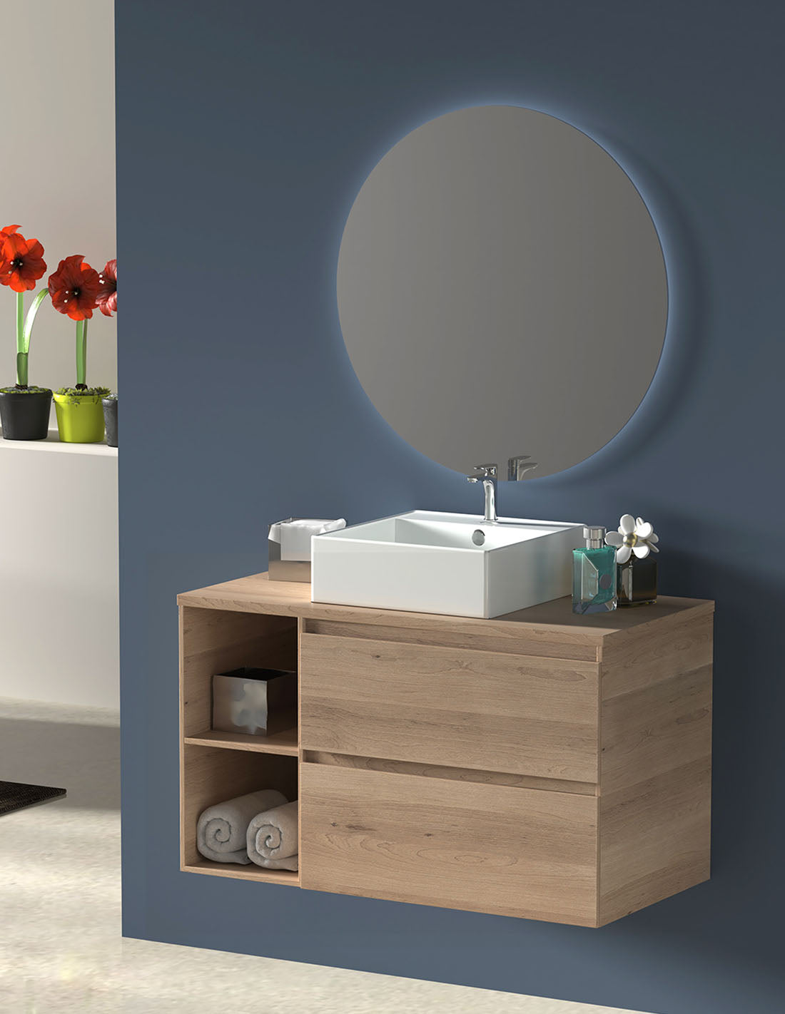 ZEUS bathroom cabinet with wooden countertop and vessel sink