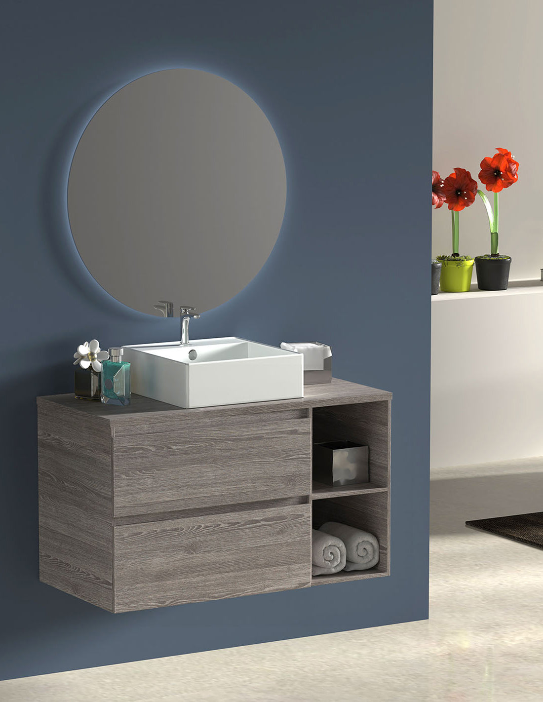 ZEUS bathroom cabinet with wooden countertop and vessel sink