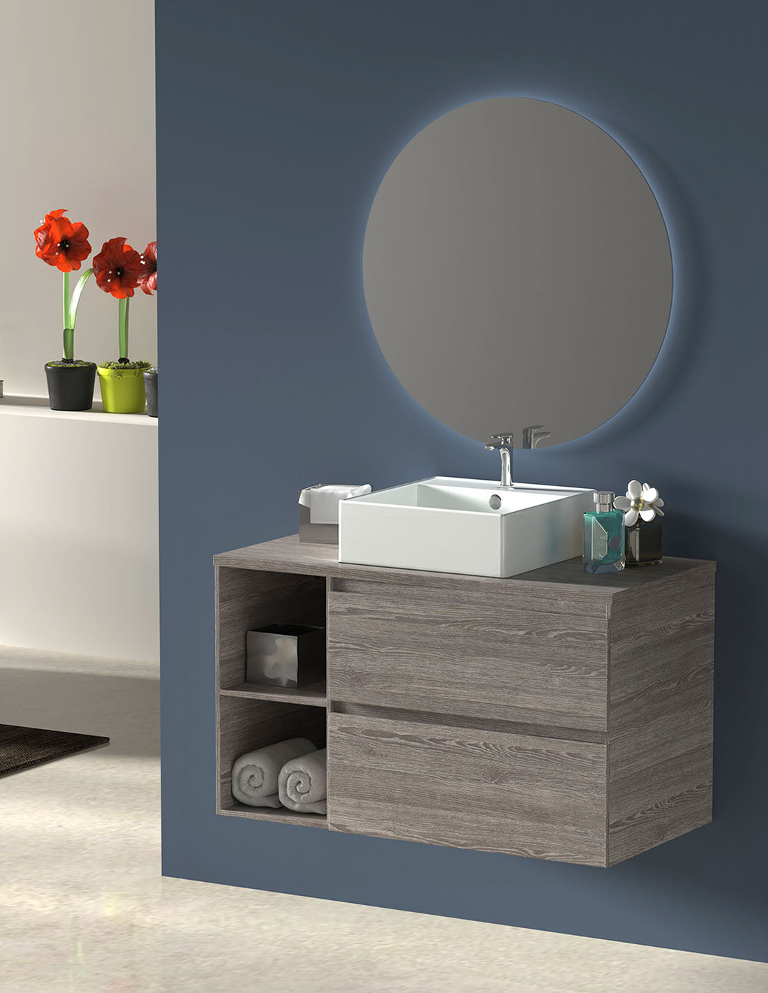 ZEUS bathroom cabinet with wooden countertop and vessel sink