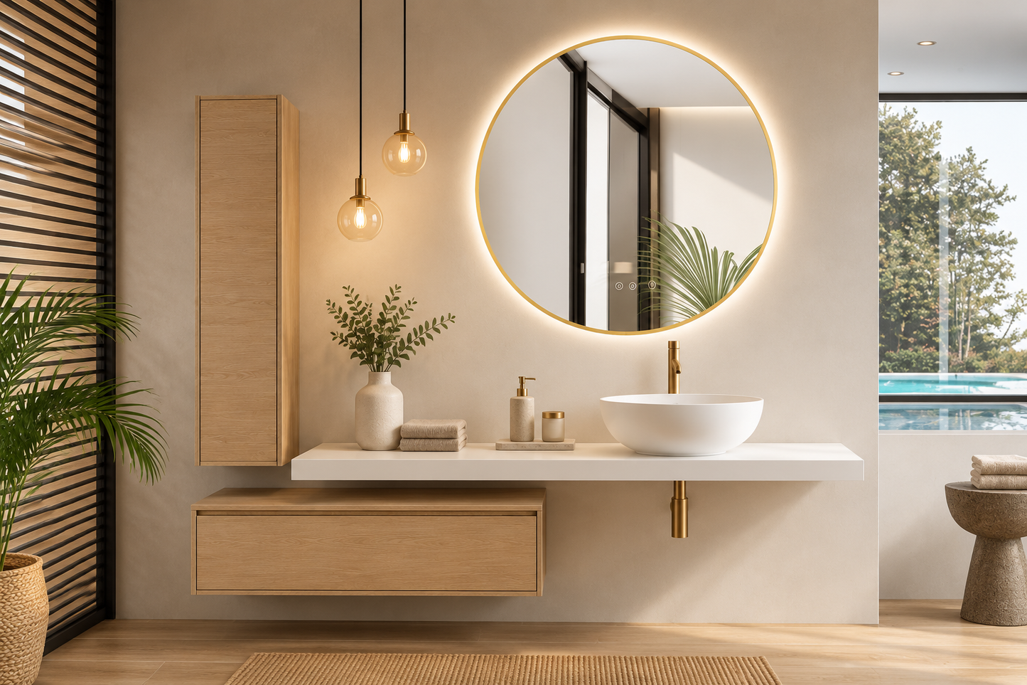Mueble de baño color estepa compuesto por encimera 120 cm + modulo de 60 cm + columna 120x35 + lavabo bol  MALLORCA