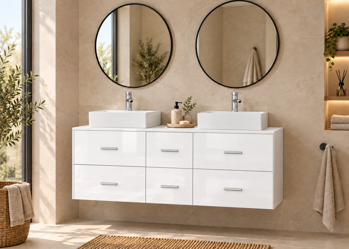 Mueble de baño MILOS 121 en Blanco brillo con dos lavabos LIBRA